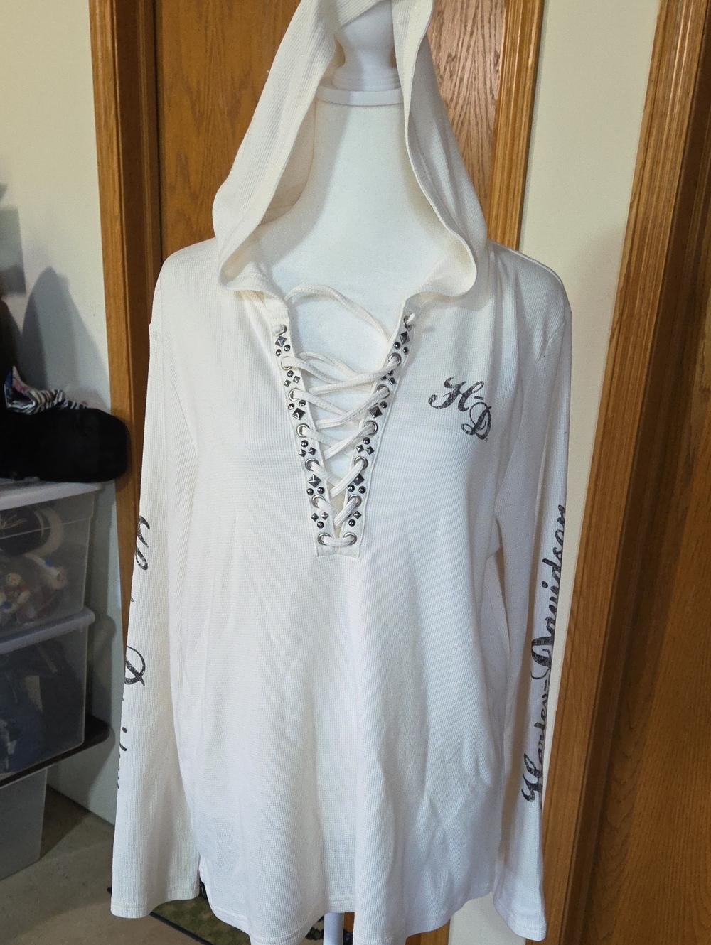 #11 Harley-Davidson White Lace-Up Hooded Women's Sweatshirt